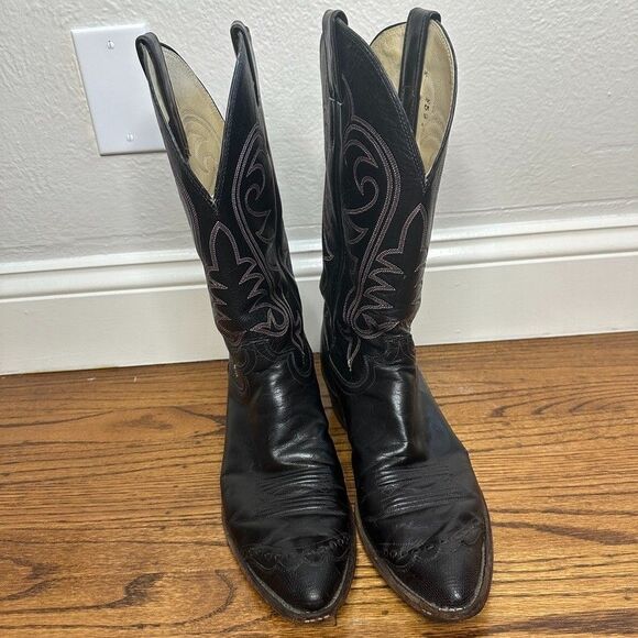 Vintage Justin Boots 11B Black Leather Cowboy Western Boots Style 5540 80s - Picture 8 of 12